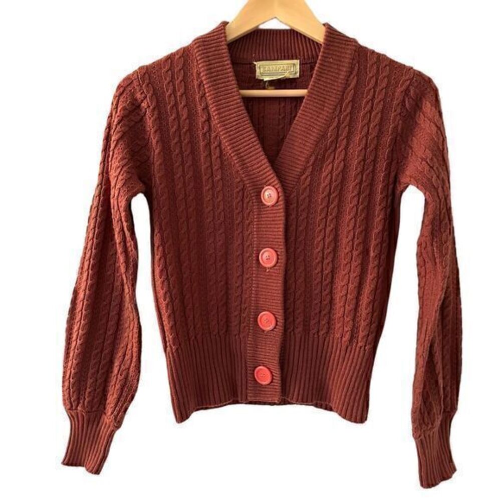 Campari Vintage Dark Pink Cable Knit‎ Acrylic Button Up V-Neck Cardigan Size S